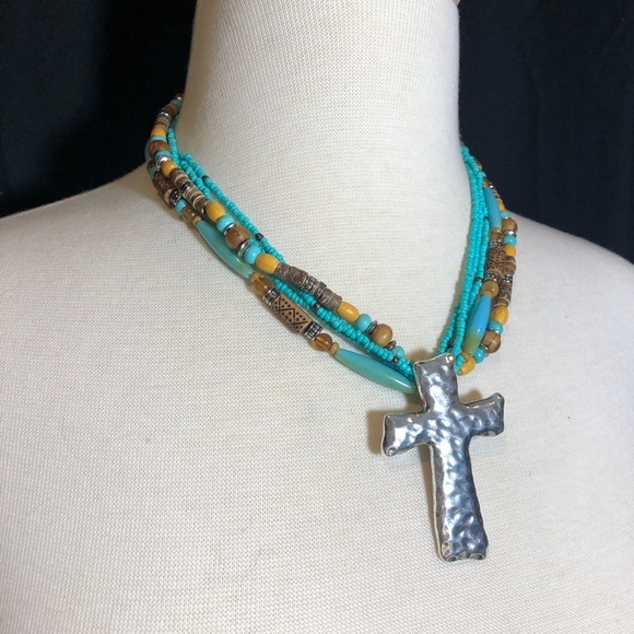 Blue & Brown Beaded Cross Necklace Earrings Set - Picture 3 of 3